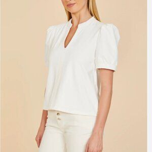 Faux Leather Puff Sleeve Top with Split Neckline